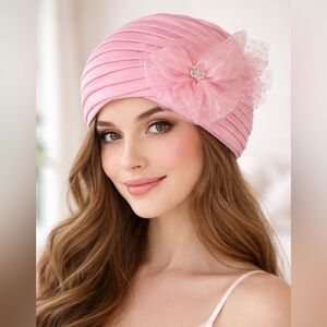 Women’s Pink Turban Headwrap with Decorative Flower